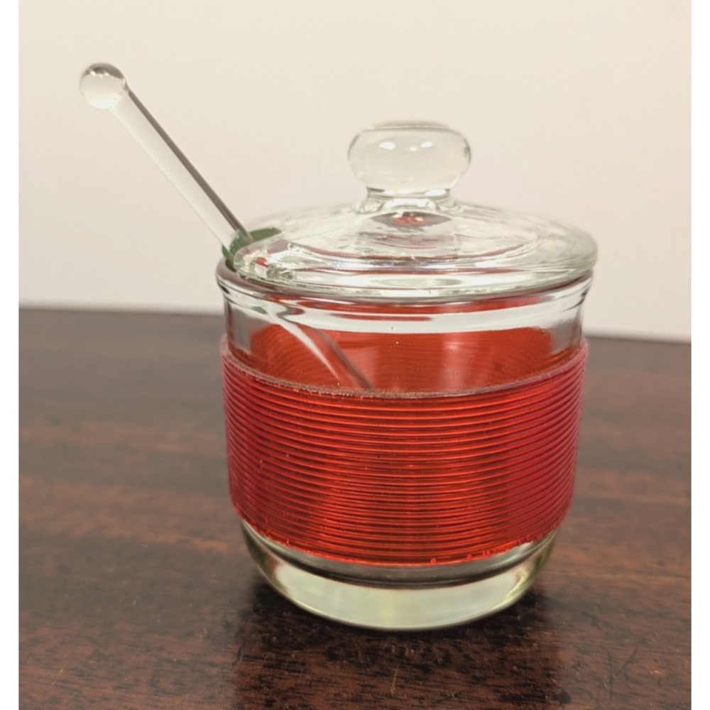 Vintage Jeannette Glass Red Ribbed Mustard Jar Condiment Pot Lid Glass Spoon MCM